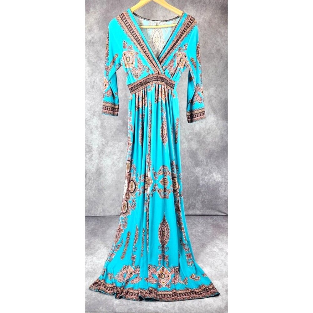 Bohemian Cutout Deep V Neck Long Tie Waist Sleeves Summer Maxi Dress Blue XL